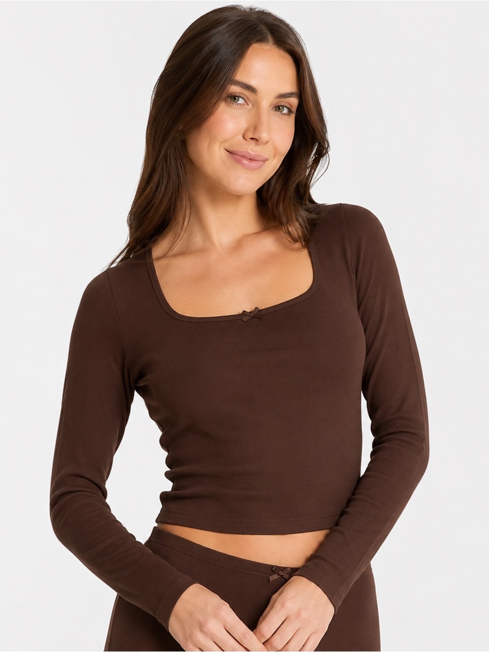 Auden Women's Variegated Ribbed Long Sleeve Pajama Top in Brown Size L